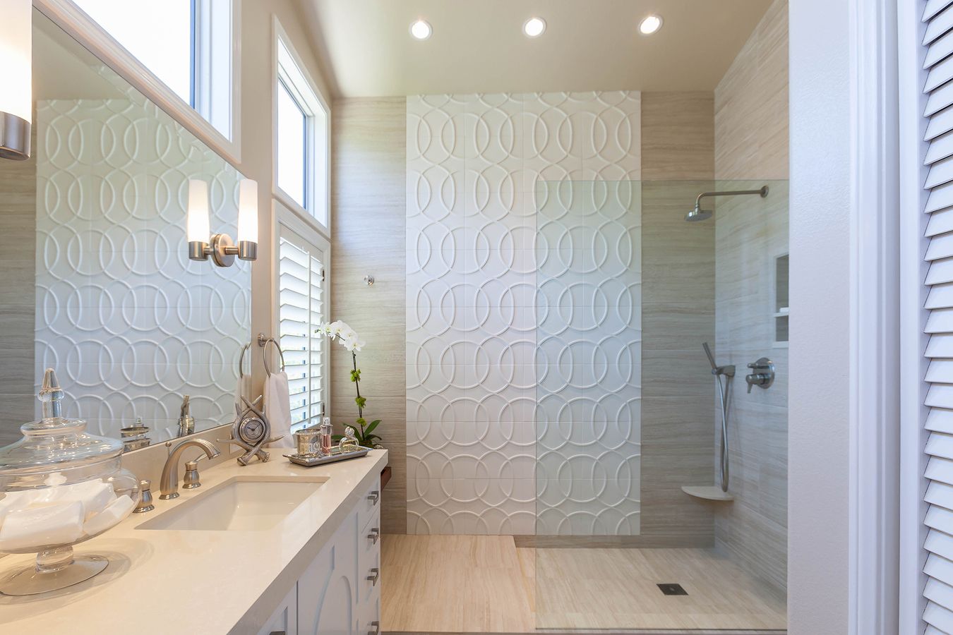 Walker Zanger Custom tile, custom wood vanity, European shower, modern design.